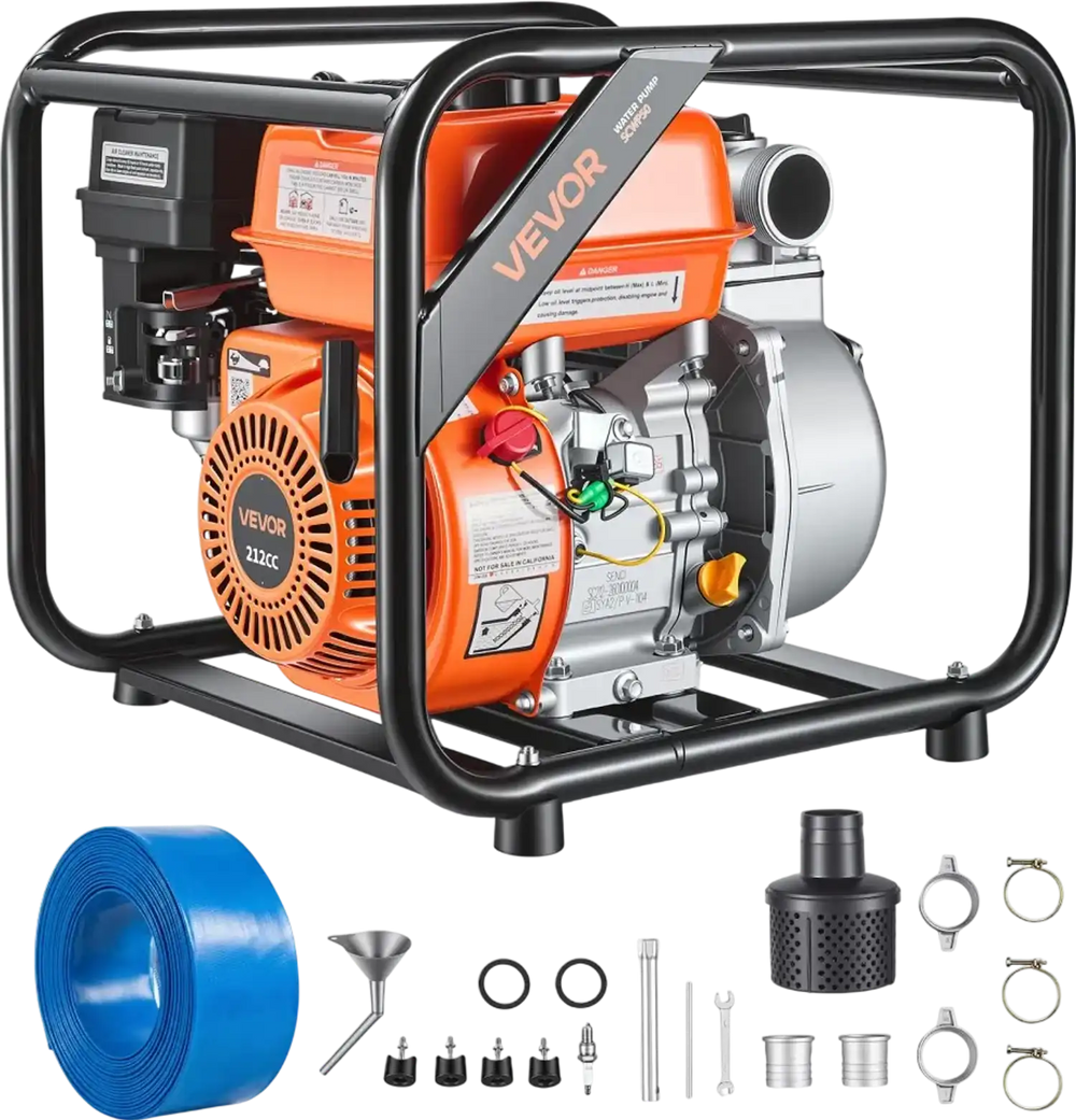 VEVOR Gas Powered Water Pump, 2 in, 142 GPM 7HP Semi Trash Water Transfer Pump Portable, Gasoline Engine with 25 ft Discharge Hose, Heavy Duty Frame, Cast Iron Impeller, for Irrigation, Ponds, Pools
