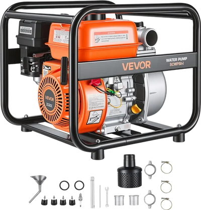 VEVOR Gas Powered Water Pump, 2 in, 132 GPM 6.5HP Semi Trash Water Transfer Pump Portable, Gasoline Engine with 25 ft Discharge Hose, Heavy Duty Frame, Cast Iron Impeller, for Irrigation, Ponds, Pools