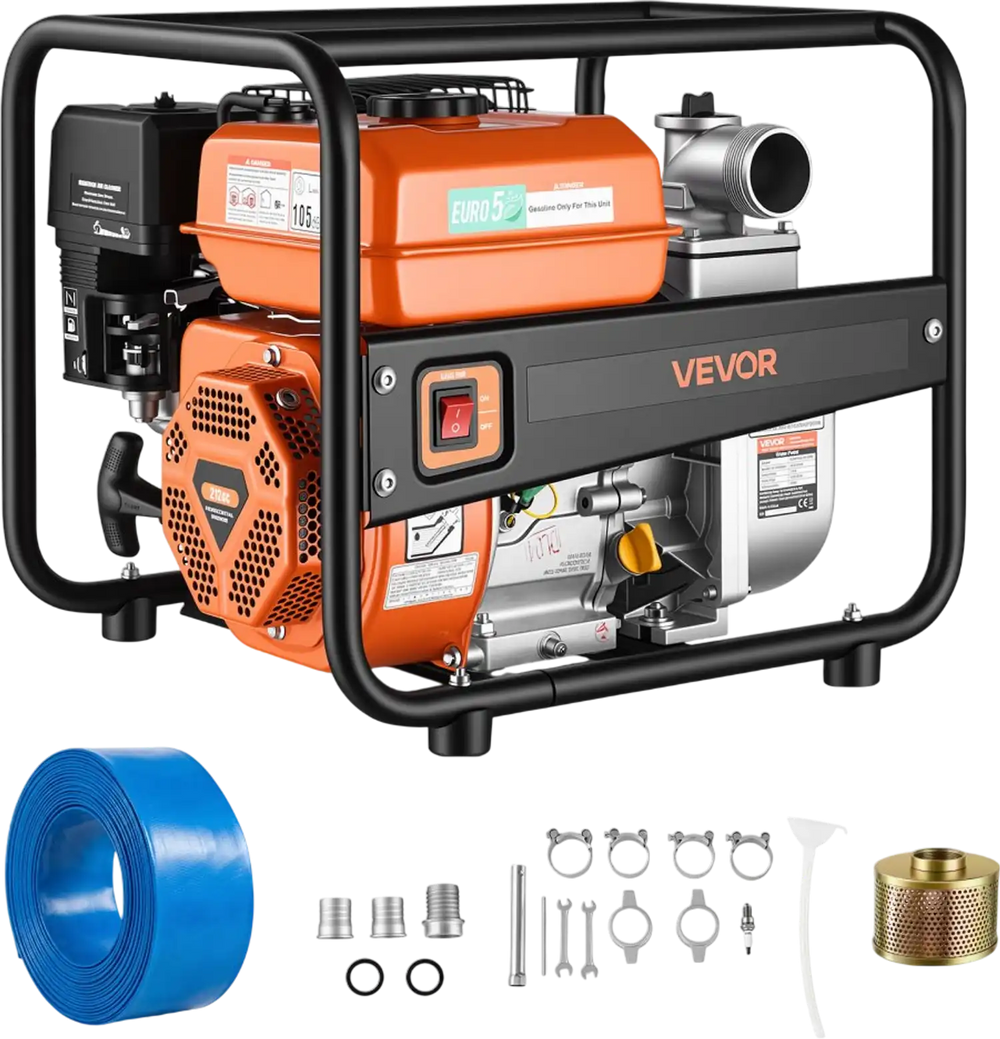 VEVOR Gas Powered Water Pump, 2 in, 158 GPM 7HP Semi Trash Water Transfer Pump Portable, Gasoline Engine with 25 ft Discharge Hose, Heavy Duty Frame, Cast Iron Impeller, for Irrigation, Ponds, Pools