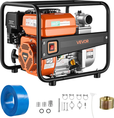 VEVOR Gas Powered Water Pump, 2 in, 158 GPM 7HP Semi Trash Water Transfer Pump Portable, Gasoline Engine with 25 ft Discharge Hose, Heavy Duty Frame, Cast Iron Impeller, for Irrigation, Ponds, Pools