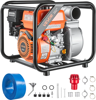 VEVOR Gas Powered Water Pump, 3 in, 242 GPM 7HP Semi Trash Water Transfer Pump Portable, Gasoline Engine with 25 ft Discharge Hose, Heavy Duty Frame, Cast Iron Impeller, for Irrigation, Ponds, Pools