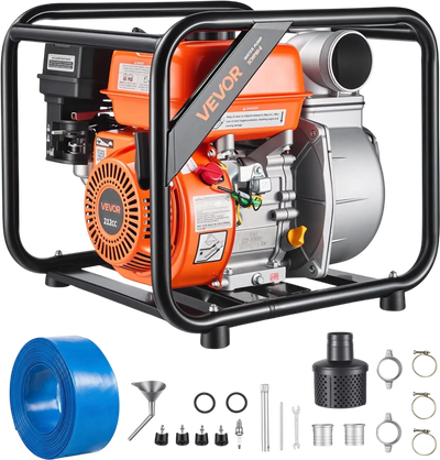 VEVOR Gas Powered Water Pump, 3 in, 264 GPM 7HP Semi Trash Water Transfer Pump Portable, Gasoline Engine with 25 ft Discharge Hose, Heavy Duty Frame, Cast Iron Impeller, for Irrigation, Ponds, Pools