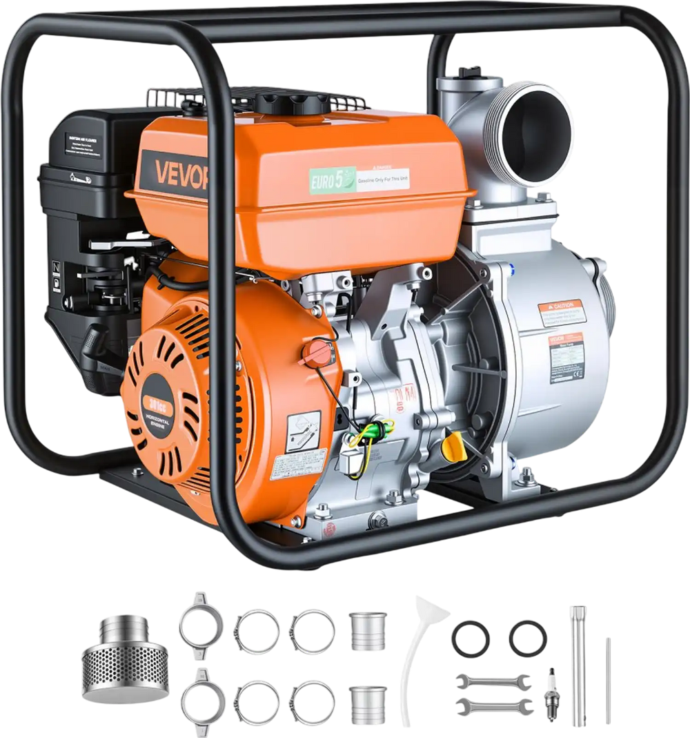 VEVOR Gas Powered Water Pump, 4 in, 422 GPM 8.3HP Semi Trash Water Transfer Pump Portable, Gasoline Engine with 25 ft Discharge Hose, Heavy Duty Frame, Cast Iron Impeller, for Irrigation, Ponds, Pools