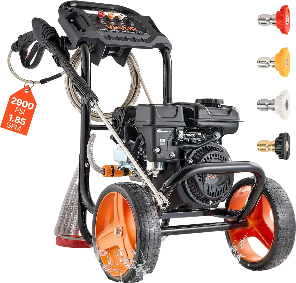 VEVOR Gas Pressure Washer 2900 PSI and 1.85 Max GPM, Upgrade Aluminum Pump with Spray Gun and Wand, 4 Nozzle Set, Low Profile Power Washer for Cars, Fences, Driveways, Homes, Patios, Furniture