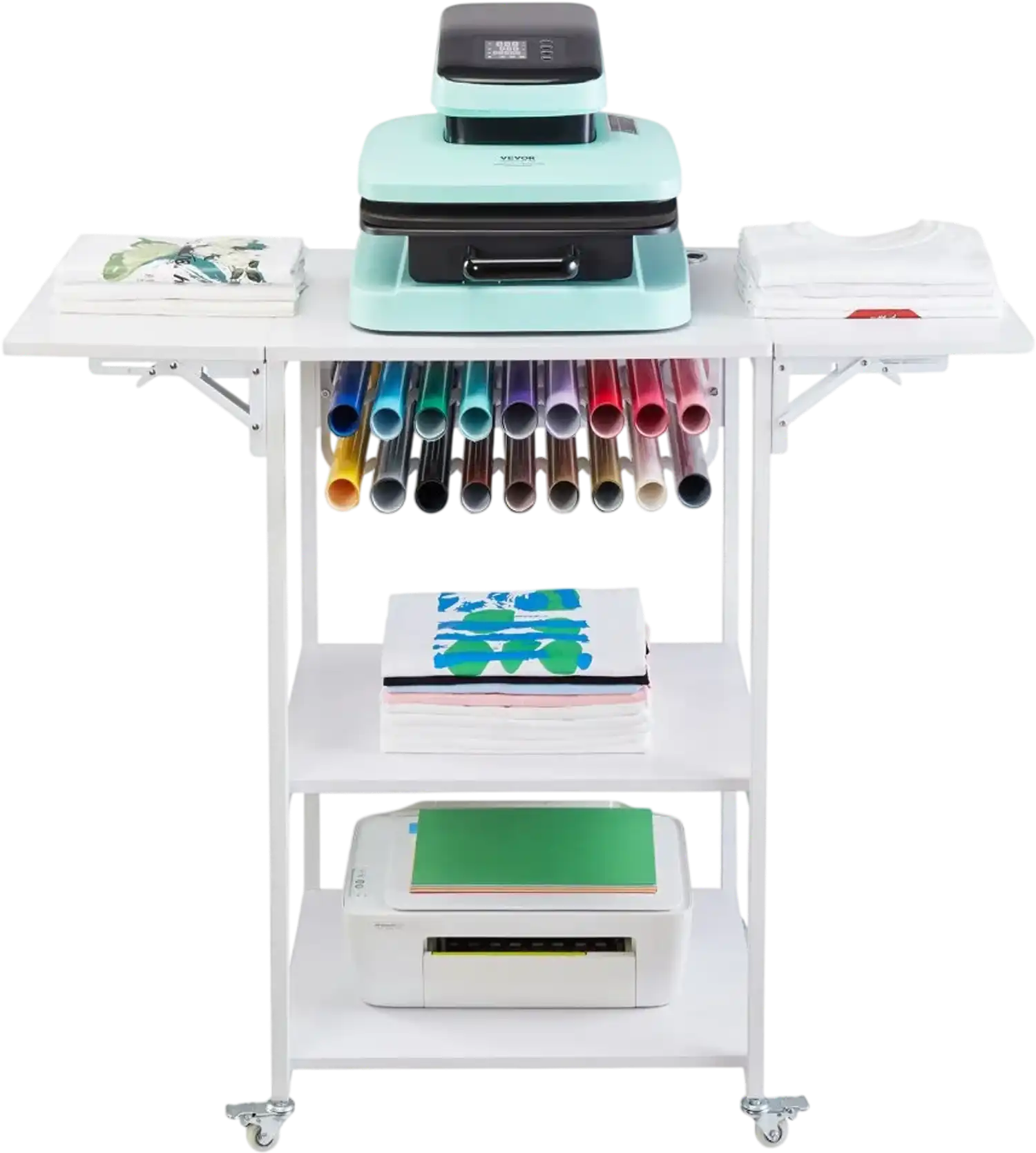 Vevor Heat Press Table 3-Tier Movable Foldable Stand with Wheels White New