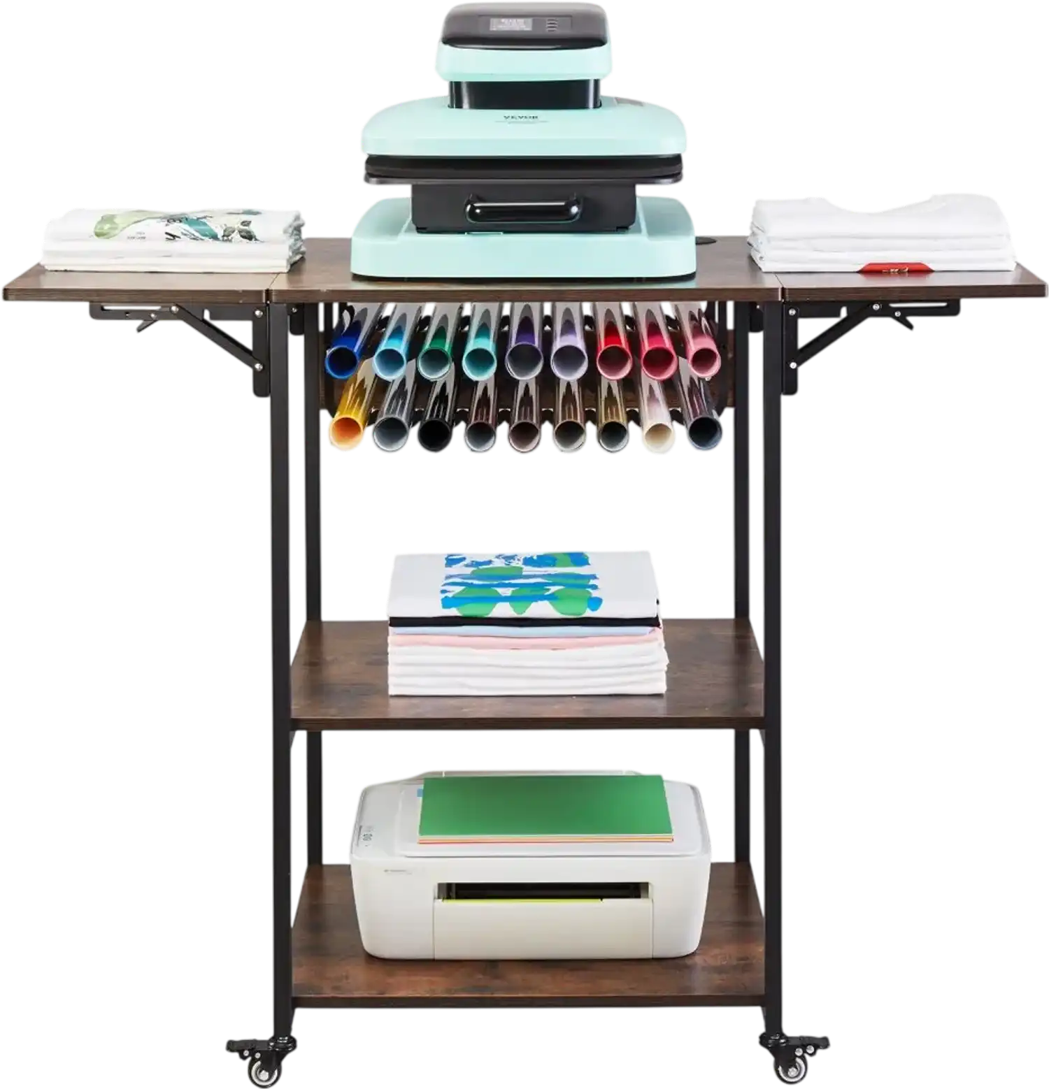 Vevor Heat Press Stand 3-Tier Foldable Table with Wheels Brown New