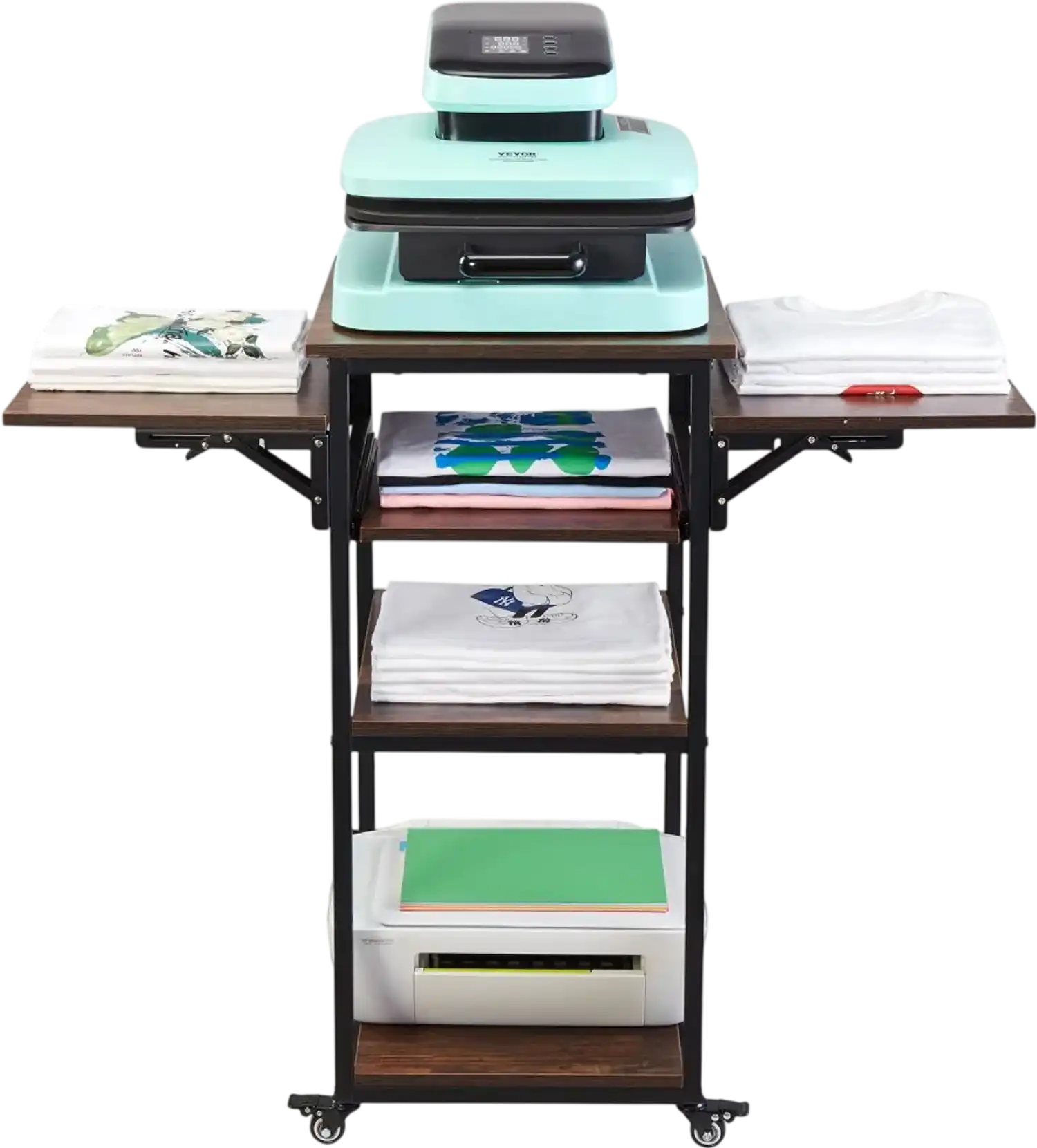 Vevor Heat Press Table 4-Tier Movable Stand with Charging Station Brown New