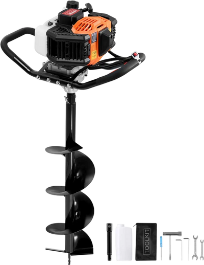 VEVOR Post Hole Digger Gas Powered, 52CC 1450W Earth Auger, Gas Auger with 8” Auger Drill Action Design Bits & 1 Extension Rod, Post Fence Hole Digger for Farmland Garden Plant, Orange+Black