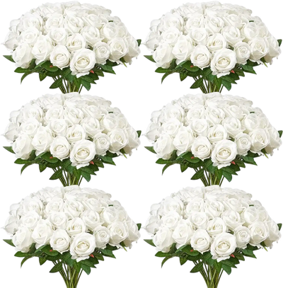 VEVOR Artificial Flowers, 120 pcs Real Looking White Foam Fake Roses Bulk, White Faux Bridal Shower with Stems for DIY Wedding Bouquets, Home Centerpieces Arrangements, Party Tables Decorations