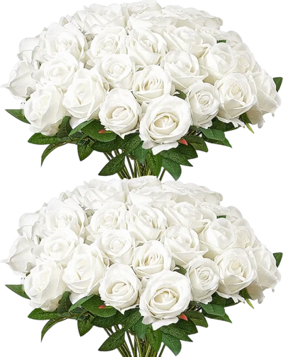 VEVOR Artificial Flowers, 60 pcs Real Looking White Foam Fake Roses Bulk, White Faux Bridal Shower with Stems for DIY Wedding Bouquets, Home Centerpieces Arrangements, Party Tables Decorations