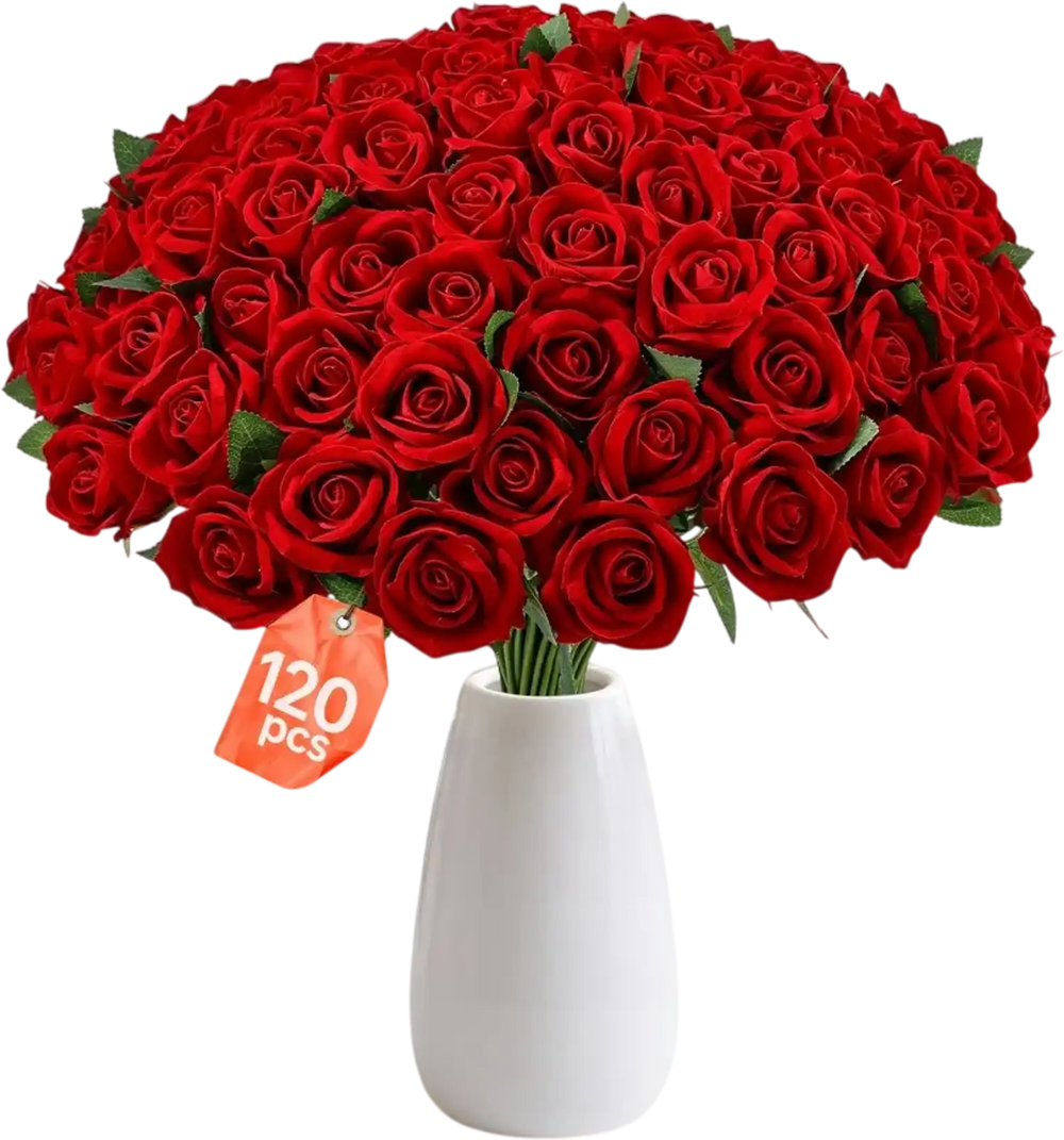 VEVOR Artificial Flowers Bulk Red Roses 120 PCS Silk Faux Flowers Stems, Realistic Fake Flower for Vase, Table Centerpieces, Weddings, Parties, Bouquets, Home Decor and DIY Floral Arrangements