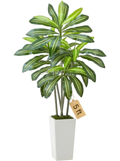 VEVOR Artificial Dracaena Tree 5 ft, Fake Palm Tropical Plants with White Tall Planter, Faux Floor Silk Plant in Pot, Large Trees for Home Office Living Room Decor House Warming, Indoor Outdoor