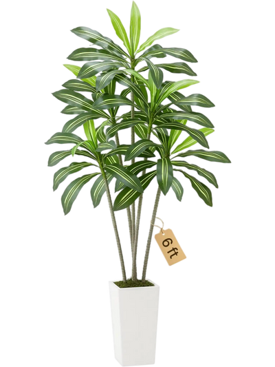 VEVOR Artificial Dracaena Tree 6 ft, Fake Palm Tropical Plants with White Tall Planter, Faux Floor Silk Plant in Pot, Large Trees for Home Office Living Room Decor House Warming, Indoor Outdoor