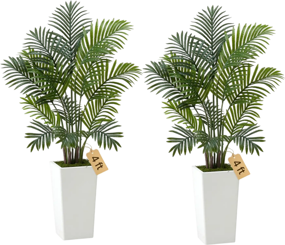 VEVOR Artificial Areca Palms 4 ft, 2 Pack Fake Palm Tropical Plants with White Tall Planter, Faux Floor Silk Plant in Pot, Large Tree for Home Office Living Room Decor House Warming, Indoor Outdoor