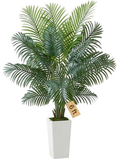 Vevor Artificial Areca Palm Tree 6' Faux Tropical Plant with White Tall Planter New