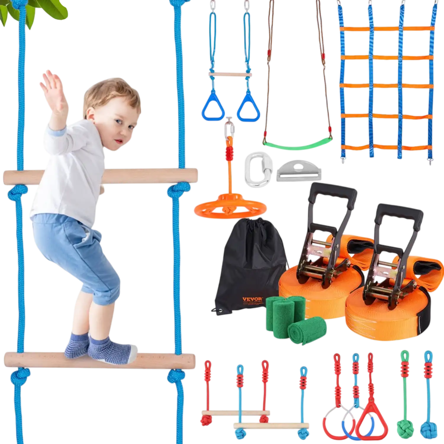 Vevor Ninja Obstacle Course for Kids 2 x 50' Weatherproof Slacklines with 12 Obstacles New