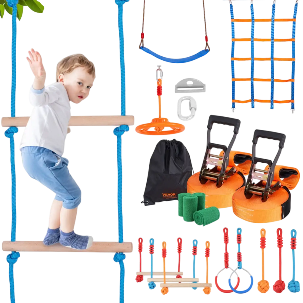 VEVOR Ninja Warrior Obstacle Course for Kids, 2 x 56 ft Weatherproof Slacklines, 500lbs Weight Capacity Monkey Line, Outdoor Playset Equipment, Backyard Toys Training Equipment Set with 12 Obstacles