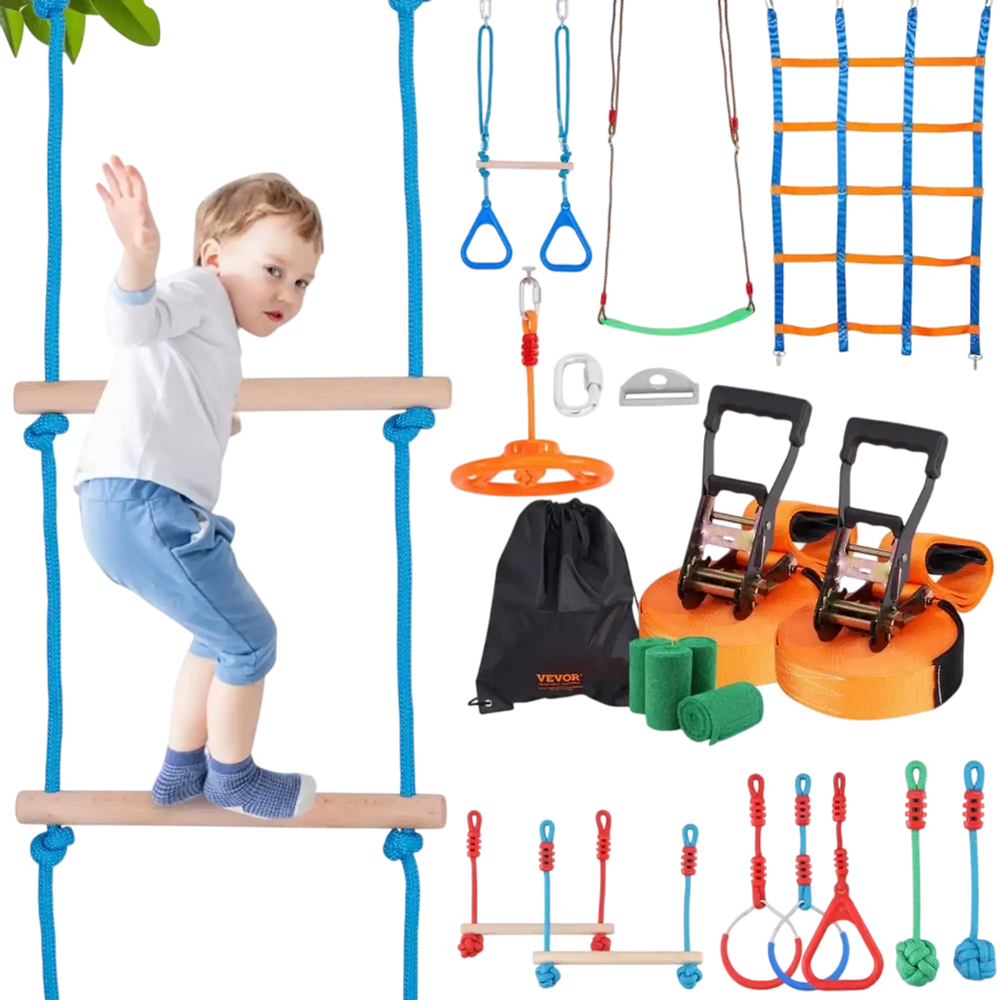 VEVOR Ninja Warrior Obstacle Course for Kids, 2 x 65 ft Weatherproof Slacklines, 500lbs Weight Capacity Monkey Line, Outdoor Playset Equipment, Backyard Toys Training Equipment Set with 12 Obstacles