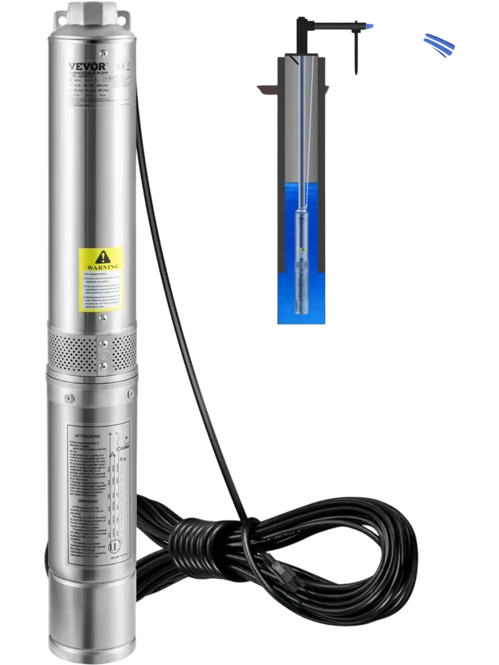 VEVOR Deep Well Submersible Pump, 1HP 115V/60Hz, 37gpm Flow 207ft Head, with 33ft Electric Cord, 4\" Stainless Steel Water Pump for Industrial, Irrigation&Home Use, IP68 Waterproof Grade