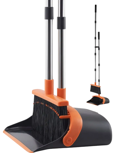 VEVOR Broom and Dustpan Set, Heavy Duty Dustpan and Broom Combo with Self-Cleaning Teeth, Metal Upright Standing Dust Pan with Long Handle, Ideal for Home, Restaurant, Office, Dorm, Black+Orange