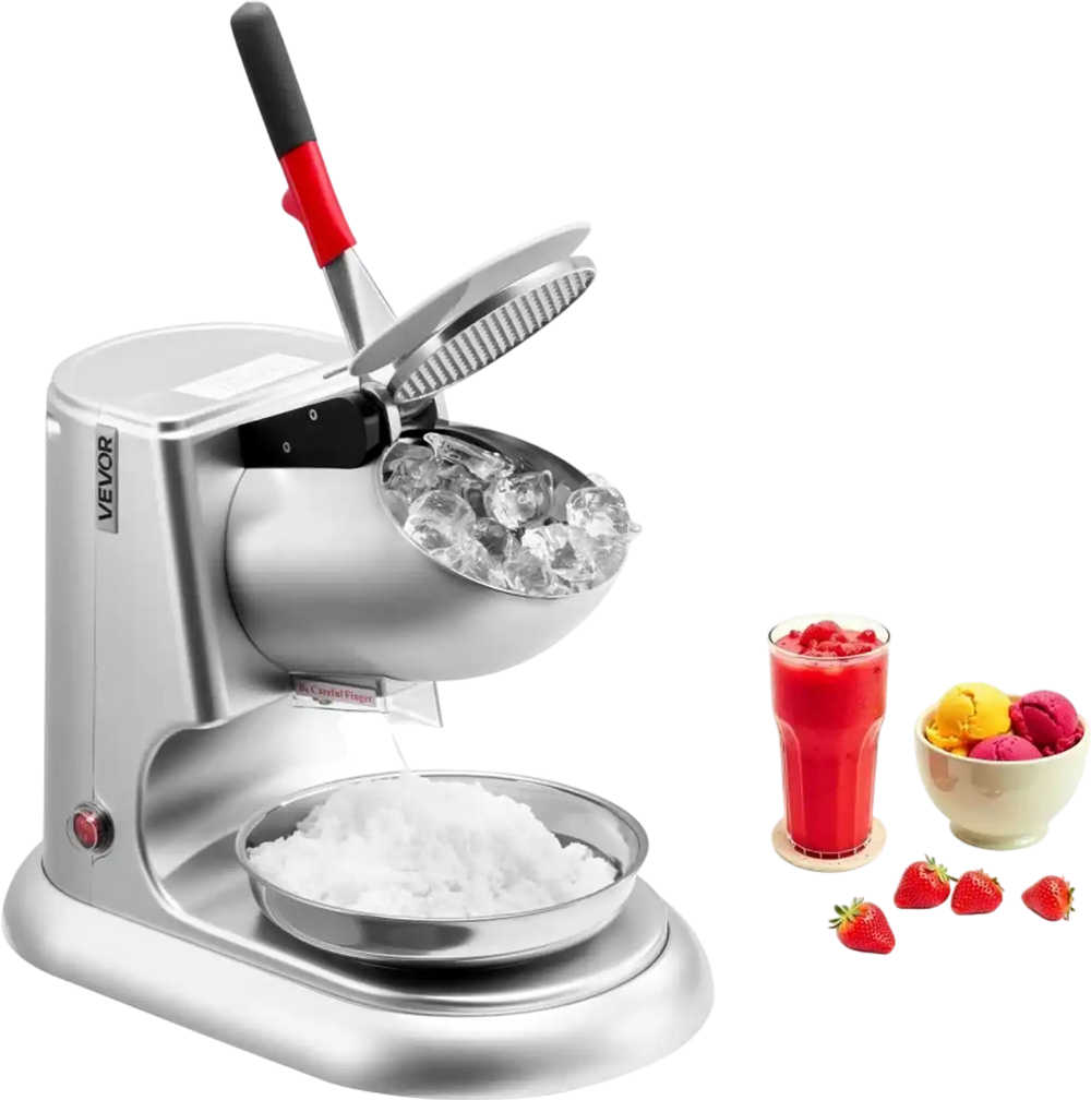 VEVOR Ice Crusher Machine, 220lbs Per Hour Electric 4 Blades Snow Cone Maker, Stainless Steel Shaved Ice Machine with Bowl and Cover, 300W 2000RPM Ice-Shaver for Home and Commercial Use, Silver