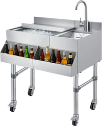 VEVOR Commercial Ice Bin with Sink & Faucet, 60 Qt Max Capacity, 24 x 19 x 35 Inch Stainless Steel Ice Chest with Sliding Lid and Bottle Holders, Cooler Cart Cocktail Unit for Bar Restaurant Pub