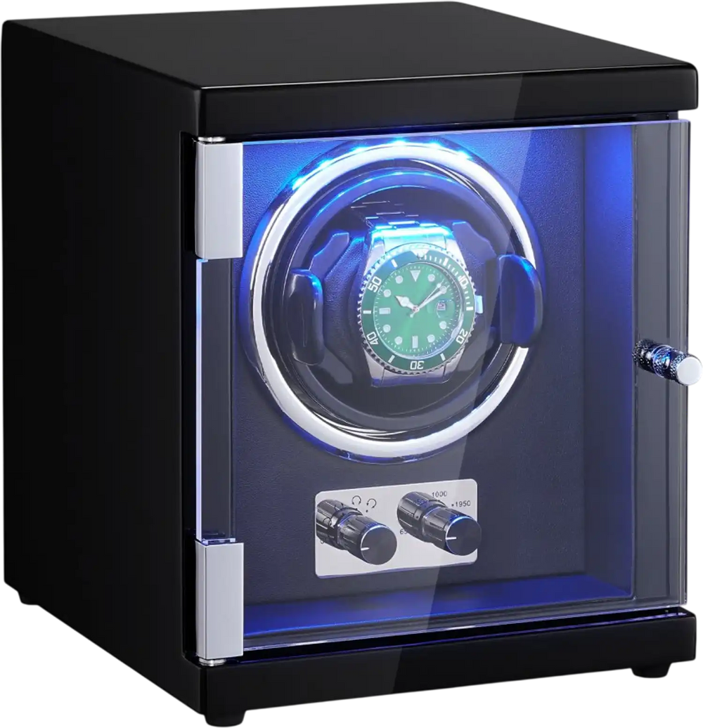 VEVOR Watch Winder, Single Watch Winder for Men's and Women's Automatic Watch, with Super Quiet Japanese Mabuchi Motor, Blue LED Light and Adapter, High-Density Board Shell and Black PU