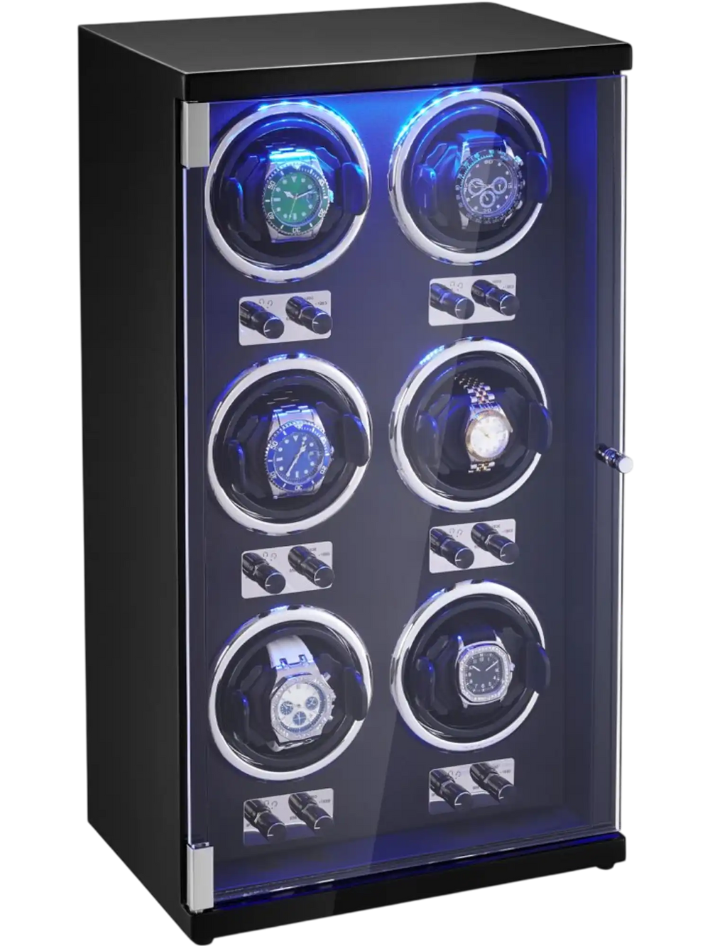 VEVOR Watch Winder, Watch Winder for 6 Men's and Women's Automatic Watches, with 6 Super Quiet Japanese Mabuchi Motors, Blue LED Light and Adapter, High-Density Board Shell and Black PU