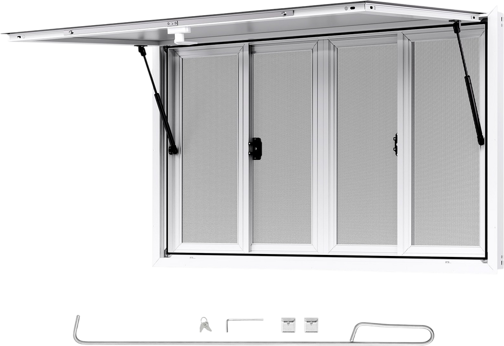 VEVOR Concession Window 53x33 in, Aluminum Alloy Service Window for Food Truck, Up to 85 Degrees Stand Serving Window with 4 Sliding Windows, Awning Door, and Drag Hook, for Concession Trailers