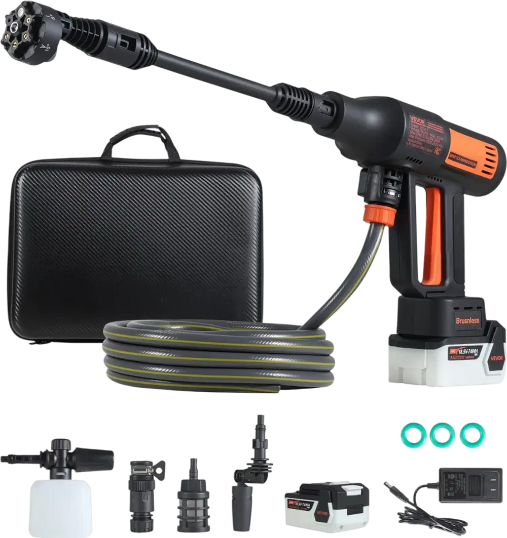 VEVOR Cordless Pressure Washer, 1200PSI MAX Portable Pressure Washer with Brushless Motor, Dual Batteries, 6-in-1 Nozzle & Water Hose, 4 Speed Adjustable, Handheld Power Cleaner for Home Garden Patio