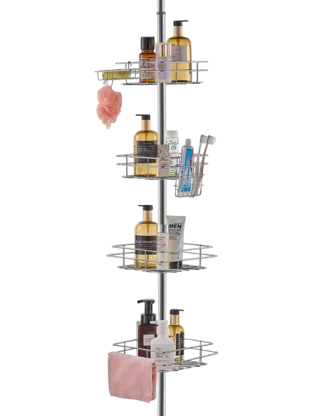 VEVOR Shower Corner Caddy Tension Pole, 42" to 114" High, Multi-Functional Shower Tension Pole with Strong Load-Bearing Tray, Rust-Proof Easy-to-Install Tension Pole, Fit for Bathroom & Washroom