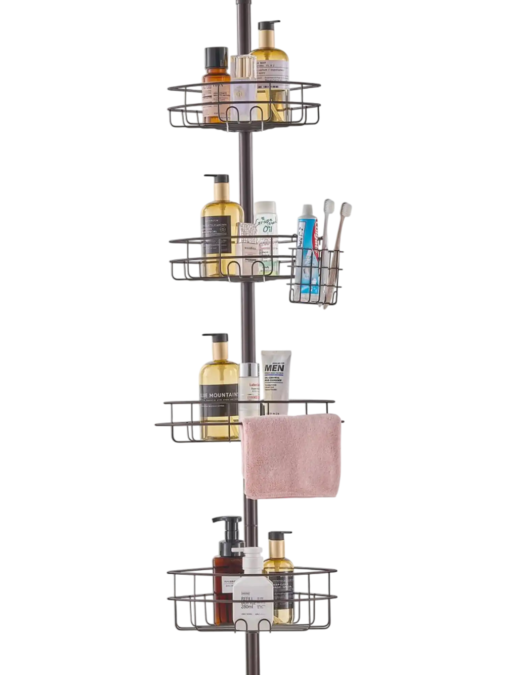 VEVOR Shower Corner Caddy Tension Pole, 56" to 114" High, Multi-Functional Shower Tension Pole with Strong Load-Bearing Tray, Rust-Proof Easy-to-Install Tension Pole, Fit for Bathroom & Washroom