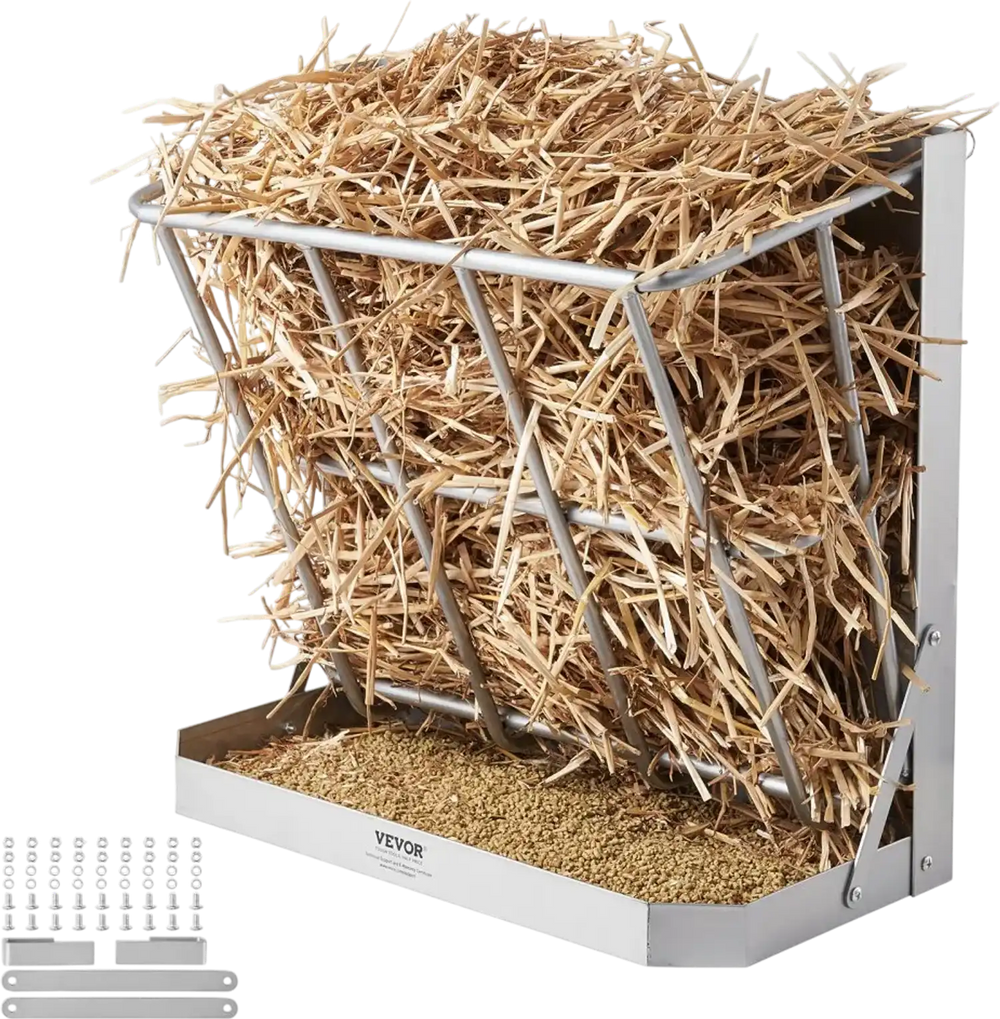 VEVOR Goat Hay Feeder, 21 Gallons Large Capacity, 2 in 1 Hay and Grain Feeder, Wall Mounted Livestock Feeder with Feed Tray, Multiple Sided Goat Hay Rack, Sturdy Steel Hay Rack for Sheep Horses