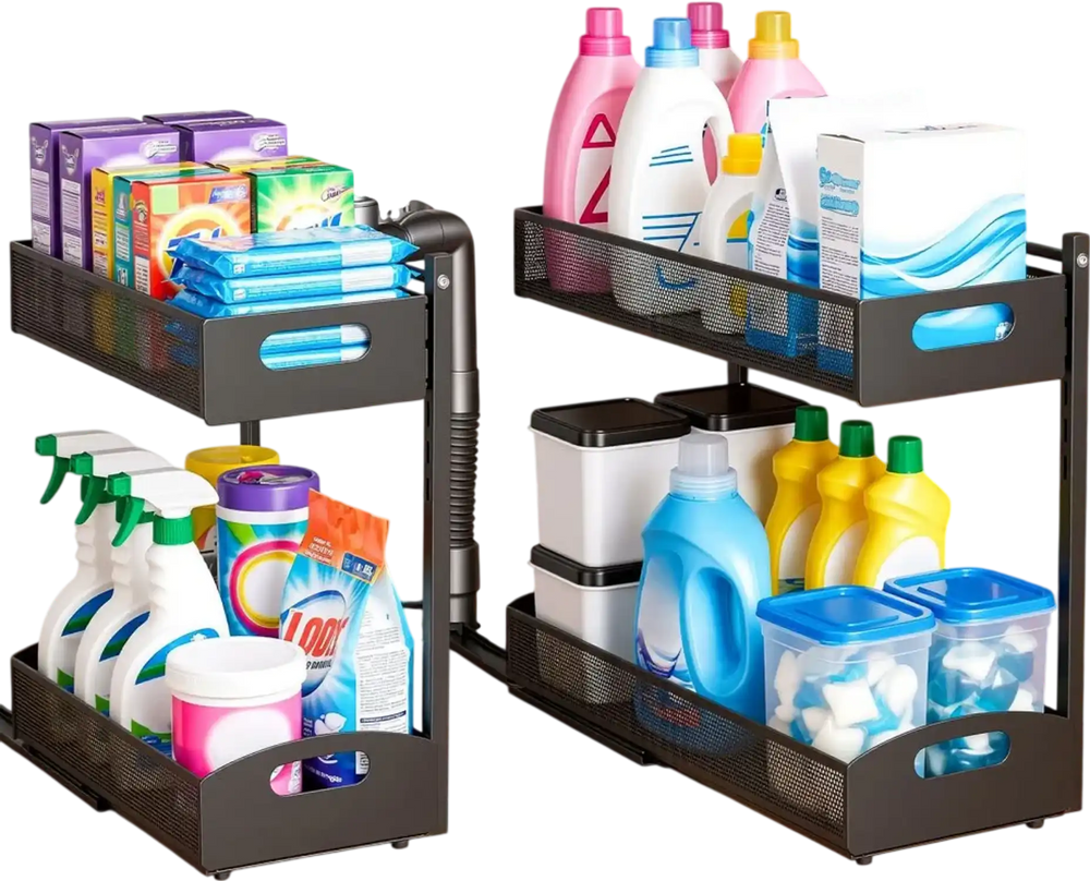 VEVOR Under Sink Organizer, 2 Pack 2-Tier Pull Out Cabinet Organizer with 4-Level Height Adjustment, Metal Slide Out Shelf, Multi-Purpose Cabinet Organizers and Storage for Bathroom & Kitchen, Black