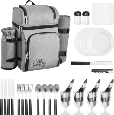 VEVOR Picnic Backpack, Beach Picnic Backpack Bag for 4 Person with Insulated Cooler Compartment, Detachable Bottle/Wine Holder, Lightweight Blanket, Plates and Cutlery Set for Hiking & Camping, Grey
