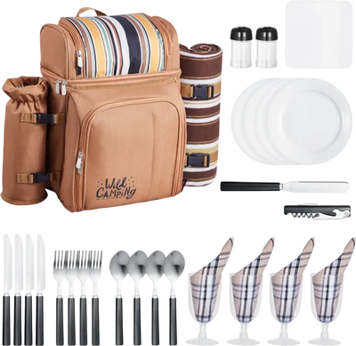 VEVOR Picnic Backpack, Beach Picnic Backpack Bag for 4 Person with Insulated Cooler Compartment, Detachable Bottle/Wine Holder, Lightweight Blanket, Plates and Cutlery Set for Hiking & Camping, Brown