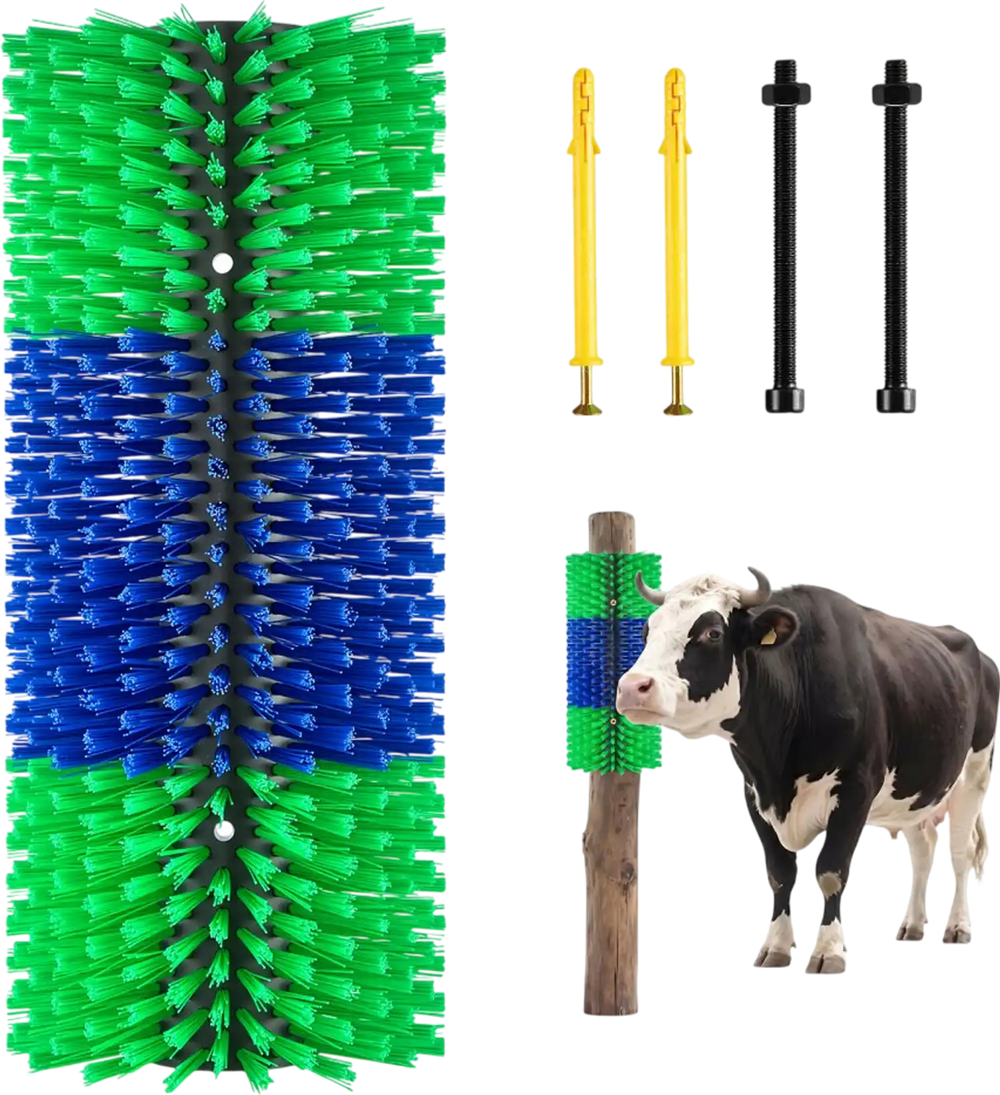 VEVOR Livestock Scratching Brush, 1PC Goat Scratcher Brush Post with 4 Screws, 16.9" x 7.5" Cow Scratcher for Back Itch Relief, Massage Grooming Scratch Tool for Horse Cattle Sheep Pig, Green & Blue