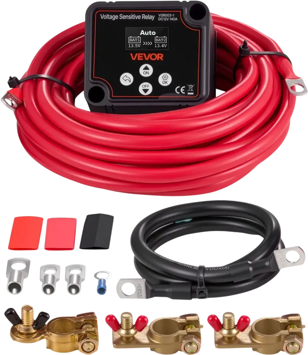 VEVOR Dual Battery Isolator Kit, 12V 140 Amp 20 ft 6AWG, Manual and Automatic VSR Voltage Sensitive Relay with Voltmeter, LCD Screen, Smart Battery Isolator, Compatible with Lithium Batteries, for UTV