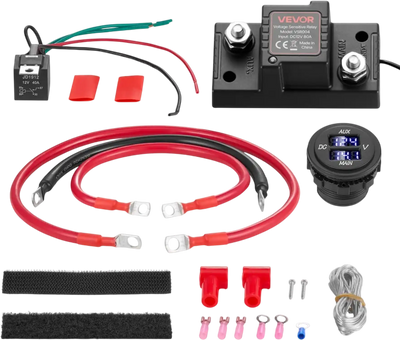 VEVOR Dual Battery Isolator Kit, 12V 80 Amp 2 ft 6 AWG, Manual / Automatic VSR Voltage Sensitive Relay with Voltmeter, LCD Screen, Smart Battery Isolator, Compatible with Lead-Acid Batteries, for UTV