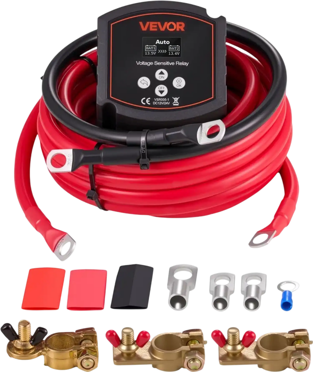 VEVOR Dual Battery Isolator Kit, 12V 300 Amp 20 ft 2AWG, Manual and Automatic VSR Voltage Sensitive Relay with Voltmeter, LCD Screen, Smart Battery Isolator, Compatible with Lithium Batteries, for UTV