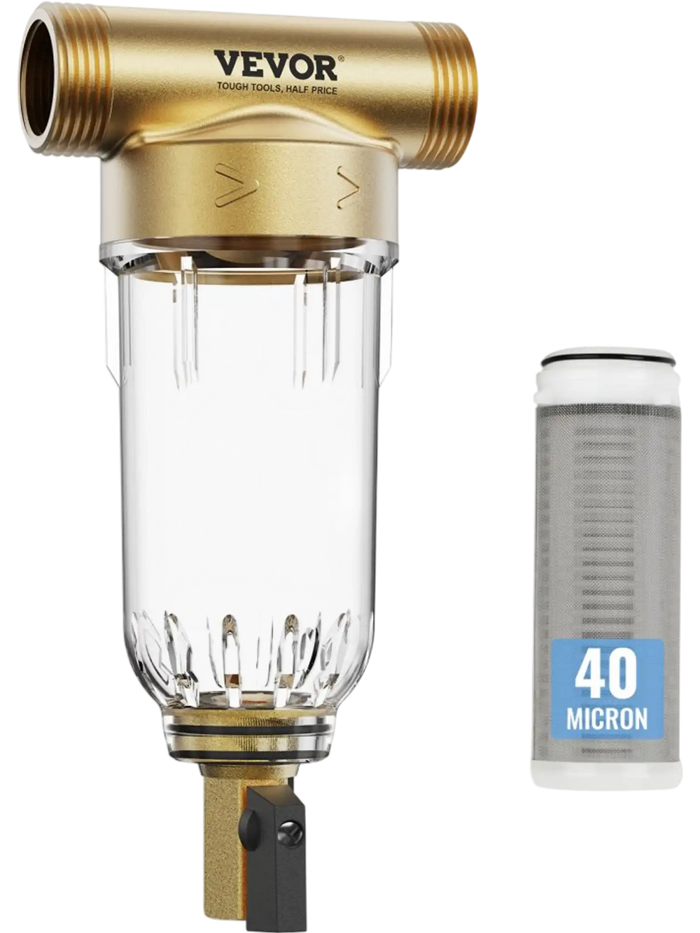 VEVOR Spin Down Filter, 40 Micron Whole House Sediment Filter for Well Water, 3/4" FNPT + 1" MNPT, 4 T/H High Flow Rate, for Whole House Water Filtration Systems, Well Water Sediment Filter