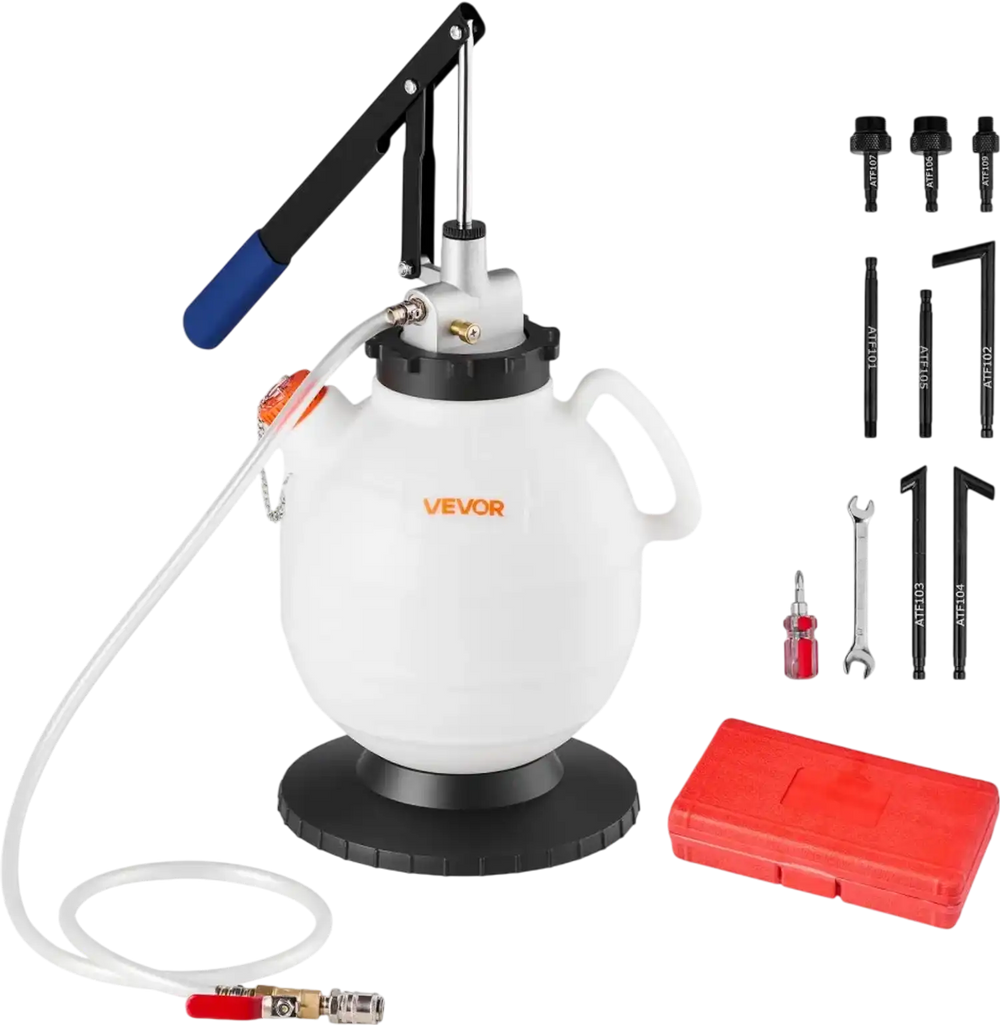 VEVOR Transmission Fluid Pump, 7.5 L Capacity, Manual Fluid Transfer Pump with 8 ATF Adapters & 47 in Outlet Horse, ATF Refill Kit, Oil Extractor Dispenser with HDPE Tank for Cars, Lawn Mowers