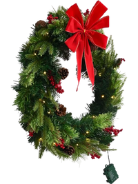 VEVOR Christmas Wreath, 24 Inches Pre-Lit Artificial Christmas Wreath with 50 LED Lights and Timer, Decorated with Pine Cones, Red Berry Clusters, Holly Leaves, Suitable for Fireplace Door Window
