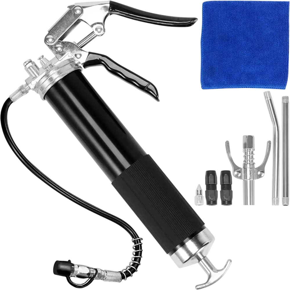 VEVOR Pistol Grip Grease Gun, 6000 PSI, 14 OZ / 400 CC Capacity Heavy Duty Professional Grease Gun, with 19.69 Inch Flexible Hose 2 Black Flat Couplers, 1 Pointed Coupler, and 2 Rigid Metal Pipe