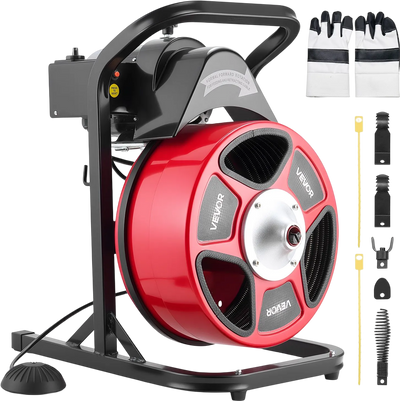 Vevor Drain Cleaner 1/2 in. x 50 ft. Manual Feed Semi-Enclosed with 4 Cutters Air Foot Switch New