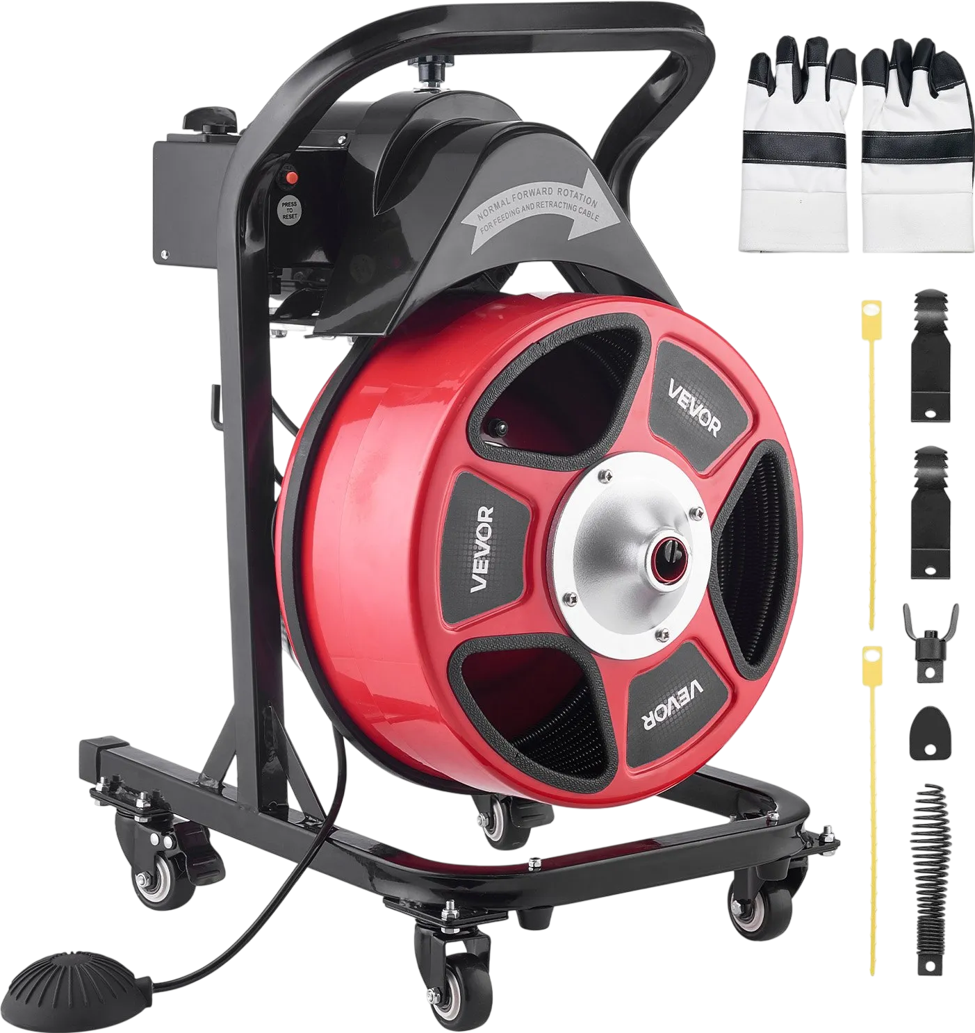 Vevor Drain Cleaner 1/2 in. x 50 ft. Manual Feed Wheeled Frame with 4 Cutters Air Foot Switch New