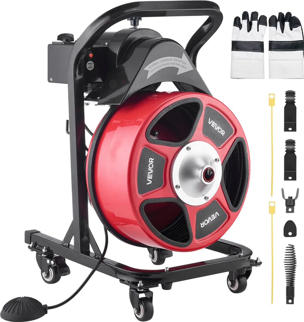 VEVOR Drain Cleaner Machine 50 FT x 1/2 Inch, Manual Feed Sewer Snake Auger on Wheels - with 4 Cutters & Air-activated Foot Switch for 2" to 6" Pipes