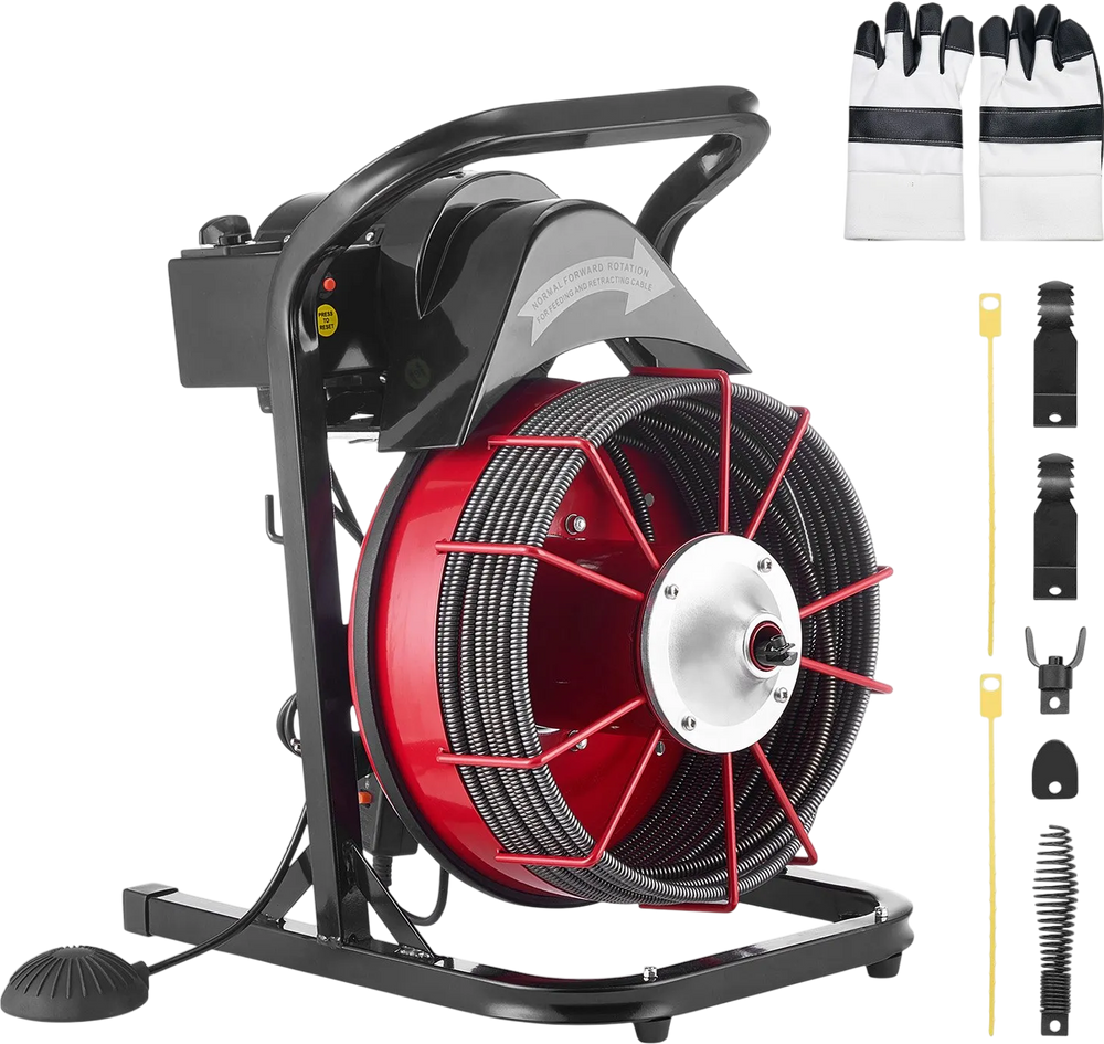 VEVOR Drain Cleaner Machine 50 FT x 1/2 Inch, Sewer Snake Auger Manual Feed with 4 Cutters & Air-activated Foot Switch for 2" to 6" Pipes
