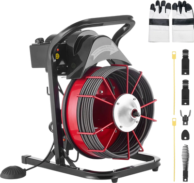 Vevor Drain Cleaner 1/2 in. x 50 ft. Manual Feed Open Drum with 4 Cutters Air Foot Switch New