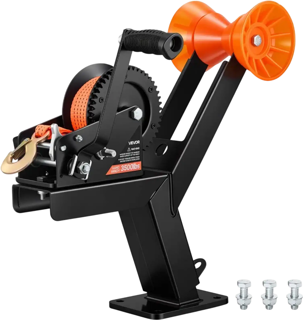 VEVOR Boat Trailer Winch Stand with Roller, 3500 lbs, 20ft Orange Polyester Strap, Boat Winch Mount, for 2-3 Inches W x 3-4 Inches H Trailer Tongue, Fit for Jet Ski, Sailboat, Speedboat